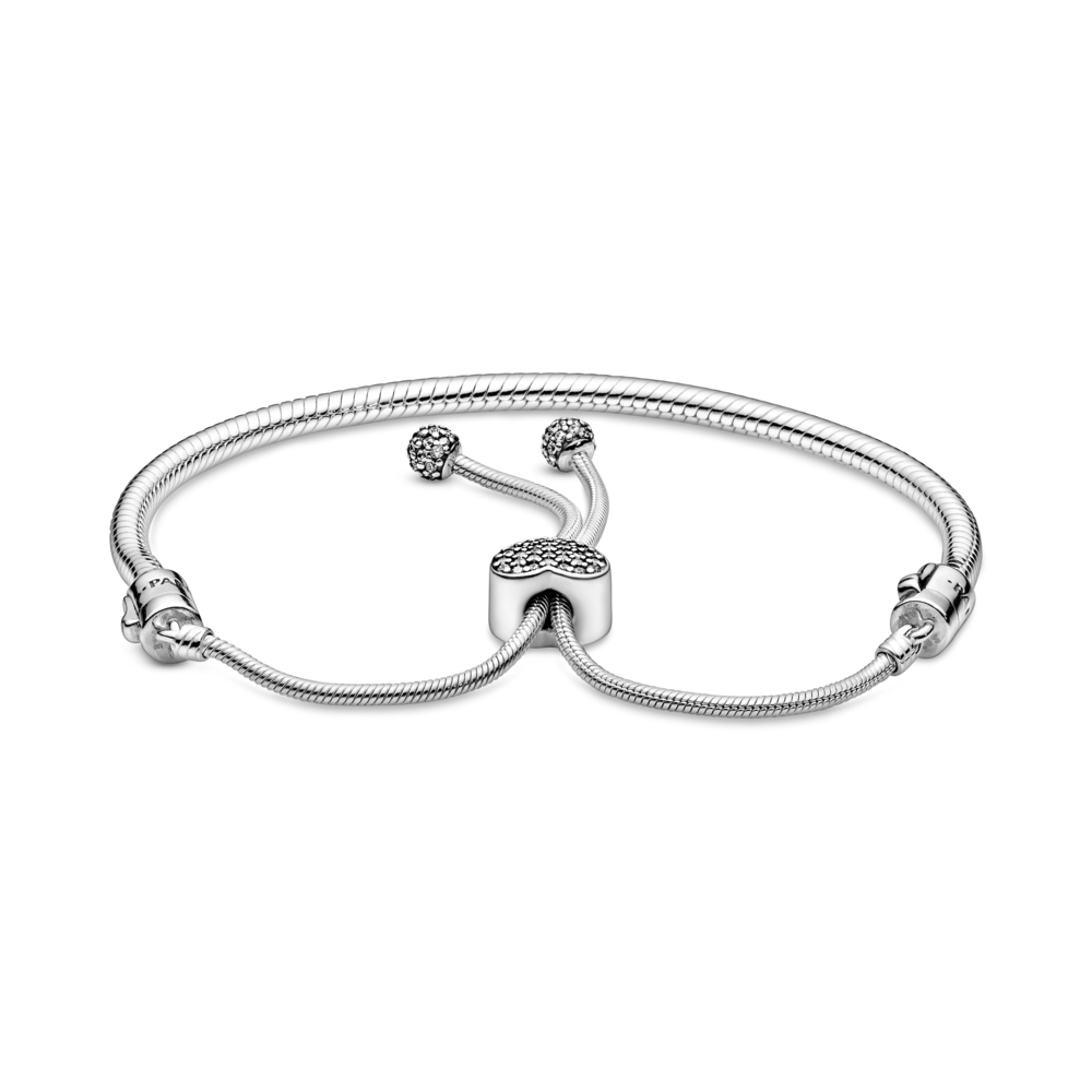 Snake chain sterling silver slider bracelet and heart clasp with CZ