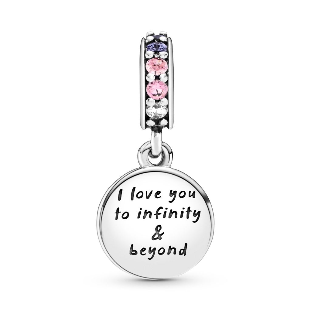 Infinity sterling silver dangle with purple and pink crystal, CZ, pink, lavender and silvery glitter enamel