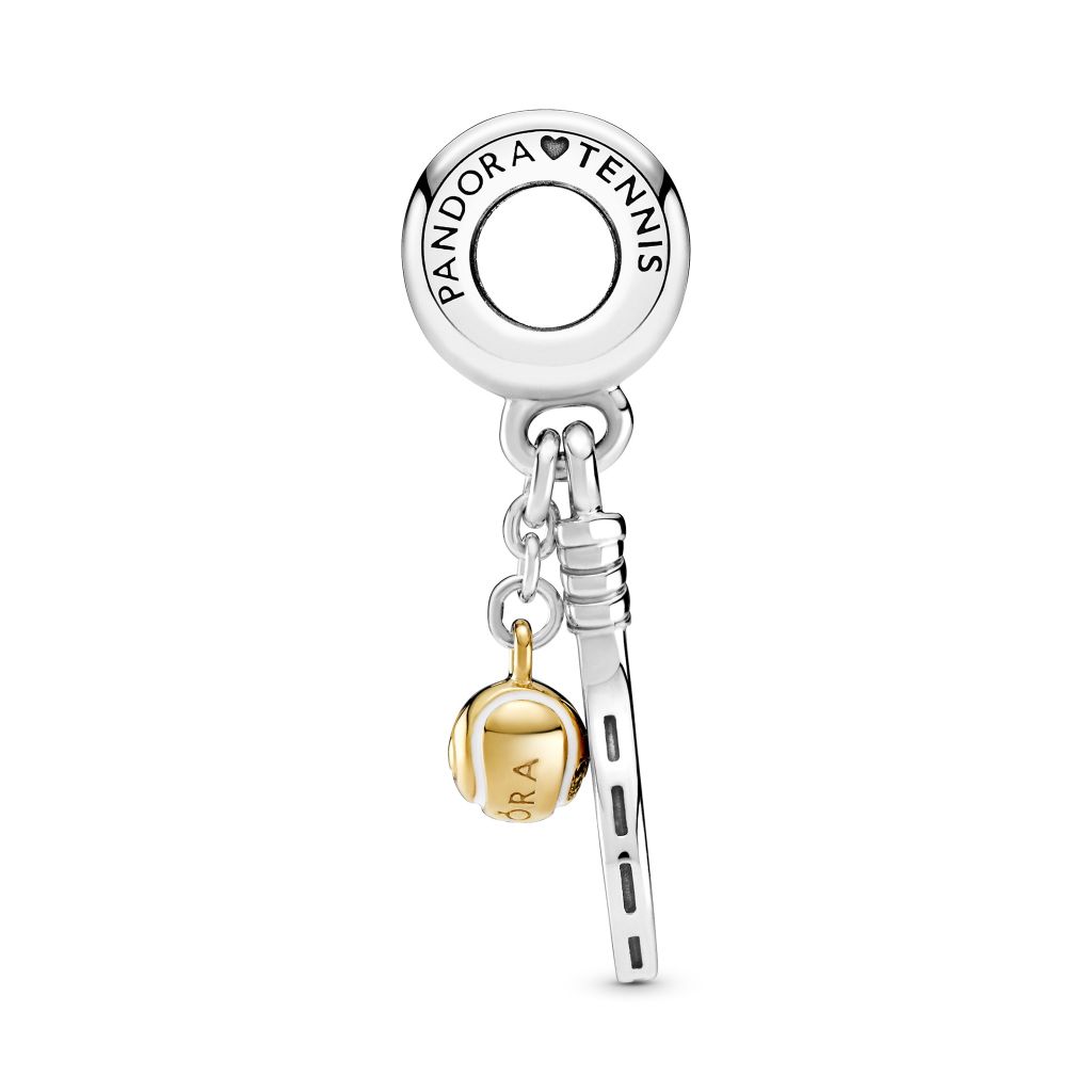 Tennis racket and ball sterling silver and 14k gold-plated dangle with white enamel