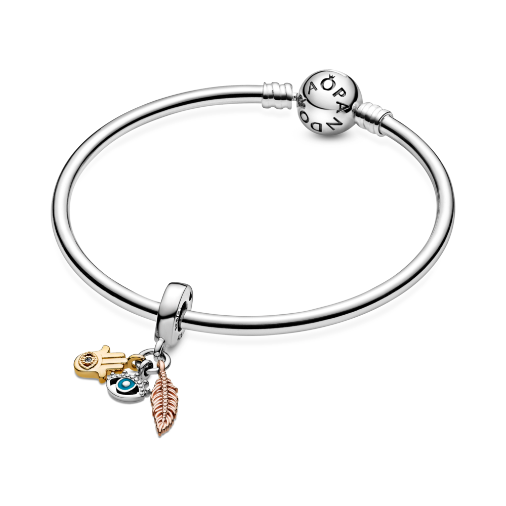 Hand, eye and feather sterling silver, 14k gold-plated and 14k rose gold-plated dangle with CZ and turquoise enamel