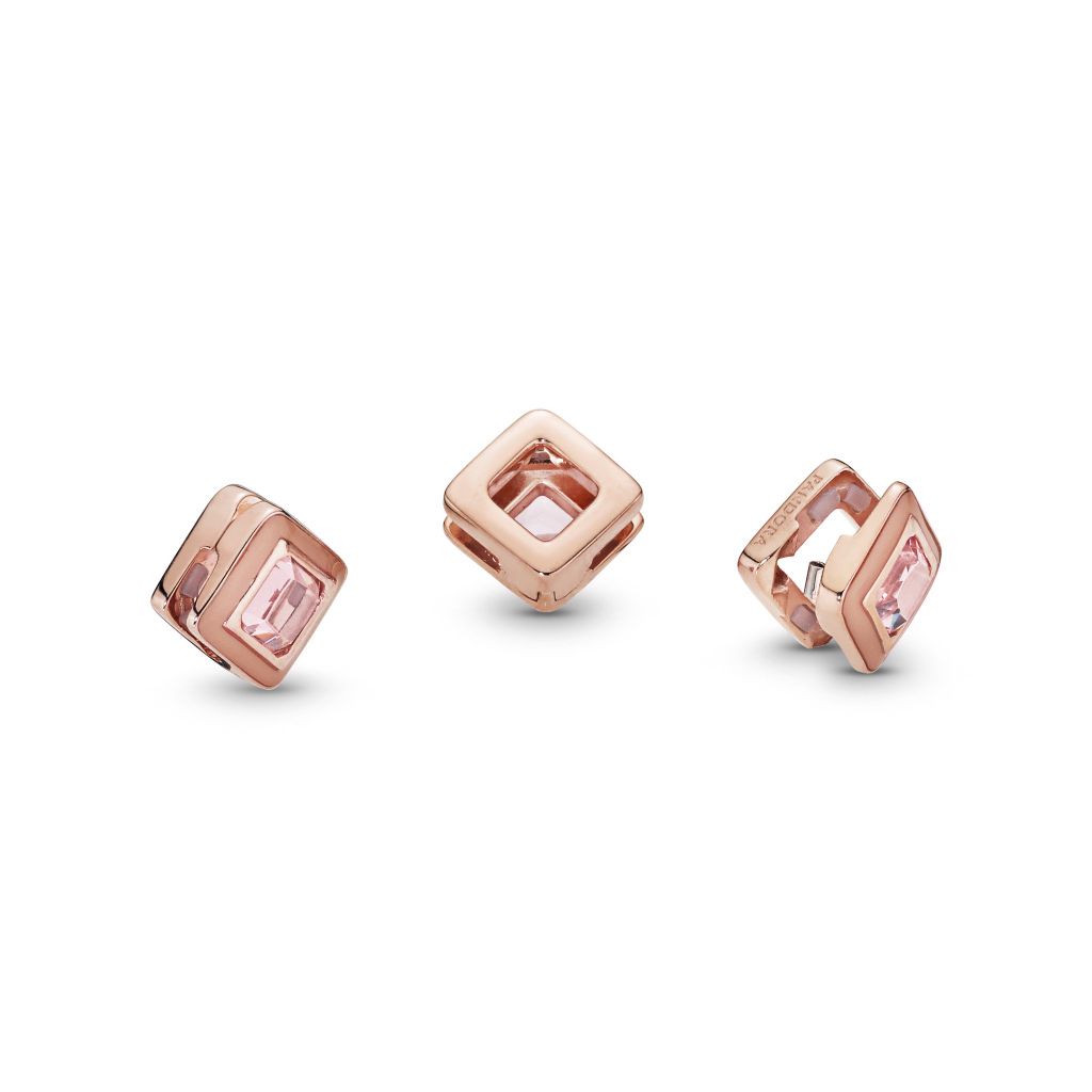 Pandora Reflexions square clip charm in 14k rose gold-plated with orchid pink crystal and pink enamel
