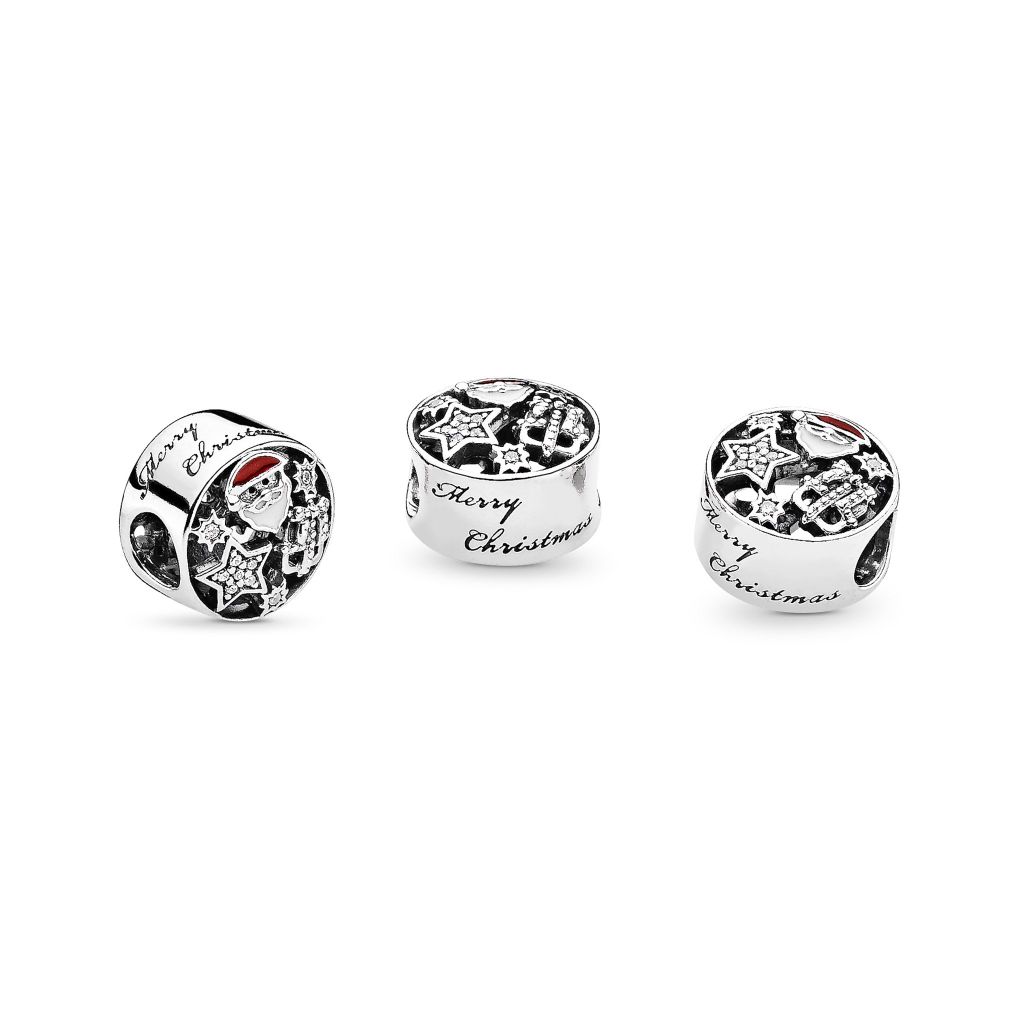 Santa, star and gift silver charm with CZ, white and red enamel