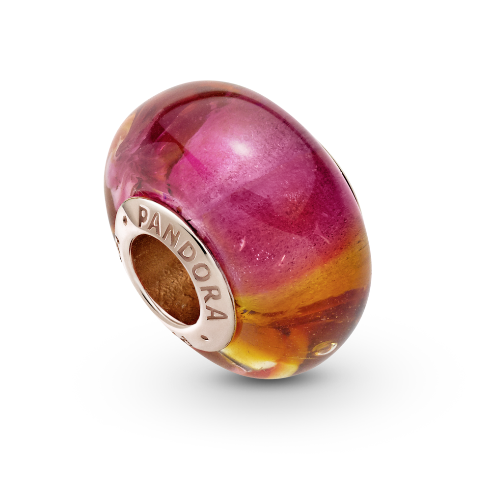 Pandora Rose charm with iridescent, pink, yellow and orange Murano glass