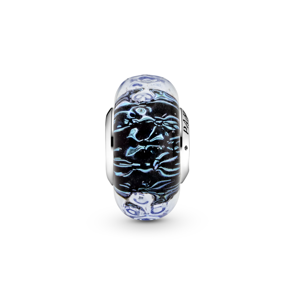 Wavy sterling silver charm with iridescent and dark blue Murano glass
