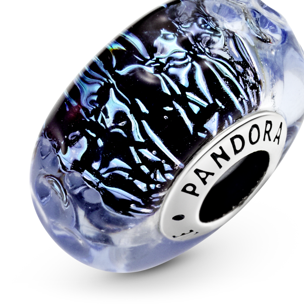 Wavy sterling silver charm with iridescent and dark blue Murano glass