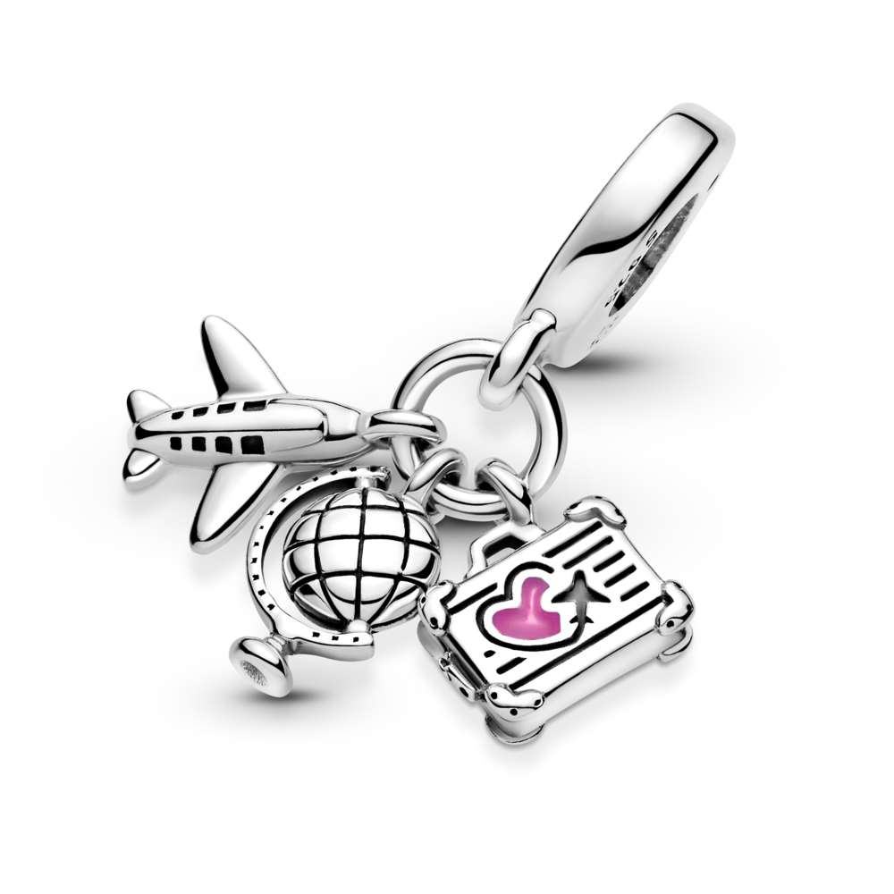 Airplane, globe and suitcase sterling silver dangle with pink enamel