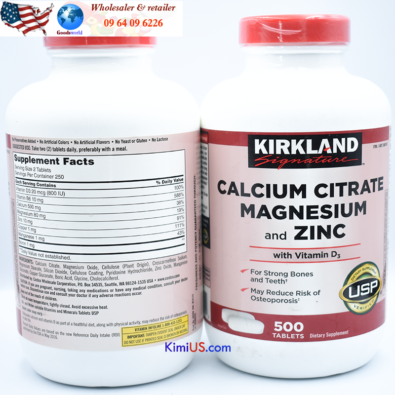  Calcium Magnesium and Zinc with Vitamin D3 Kirkland 500v - Viên uống bổ sung Canxi + Magie + kẽm + Vitamin D3 của Mỹ 