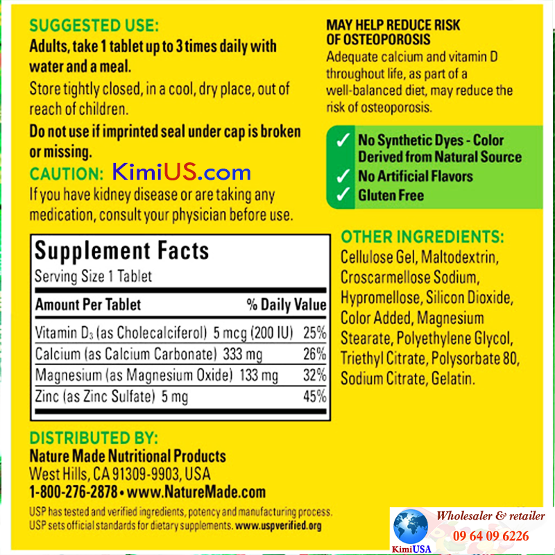 Viên uống Nature Made Calcium Magnesium Zinc 300 viên - Ngăn ngừa loãng xương của Mỹ