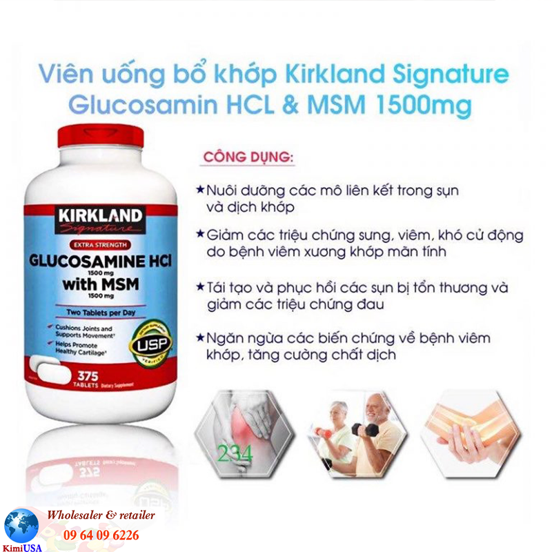Glucosamine HCI 1500mg with MSM kirkland 375 viên - Viên uống bổ xương khớp của Mỹ.