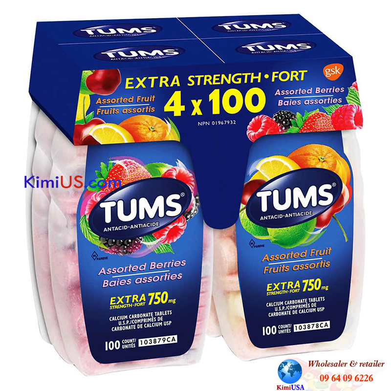 Viên nhai hỗ trợ dạ dày Tums Extra Strength 750mg 100 viên của Mỹ