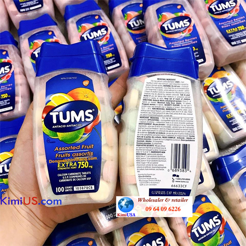 Viên nhai hỗ trợ dạ dày Tums Extra Strength 750mg 100 viên của Mỹ