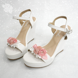  Giày cưới đế xuồng trắng đính hoa màu hồng pastel 11cm 