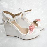  Giày cưới đế xuồng trắng đính hoa màu hồng pastel 11cm 