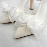  Giày cưới Kiyoko gót vuông có quai đính nơ satin cao 10cm 