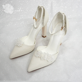  Giày cưới Kiyoko gót vuông có quai đính hoa voan kết cườm cao 10cm 