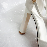  Giày cưới Kiyoko gót vuông có quai đính nơ satin 2 tầng cao 10cm 