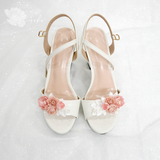  Giày cưới sandal gót vuông đính hoa màu hồng pastel 10cm 