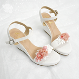  Giày cưới đế xuồng trắng đính hoa màu hồng pastel 9cm 
