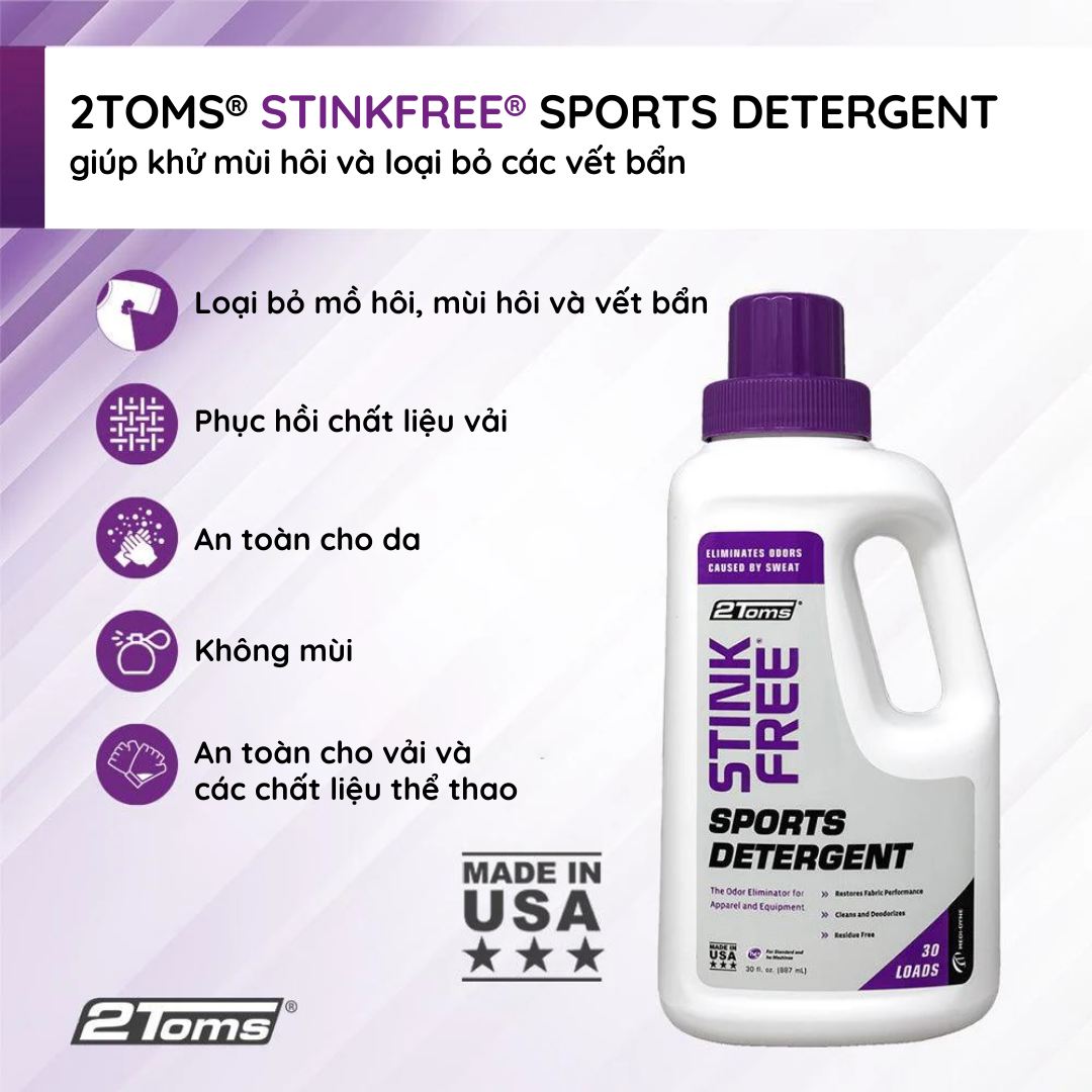 2Toms Stinkfree Sports Detergent chai 887ml- Loại Bỏ Vết Bẩn Và Khử Mùi Quần Áo Thể Thao