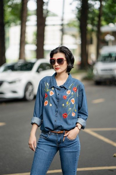 Áo chemise denim TD thêu Poppy baby