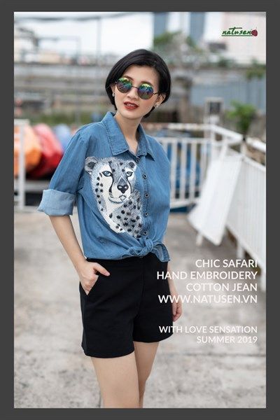 Áo denim thêu tay Beo Chetah Xám chemise