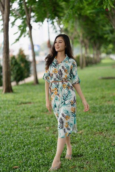  Đầm chemise linen in hoa phối xanh 