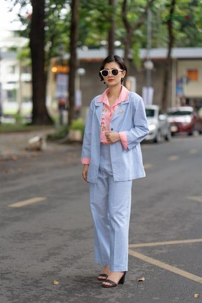 Blazer Xanh Biển linen yarn-dyed