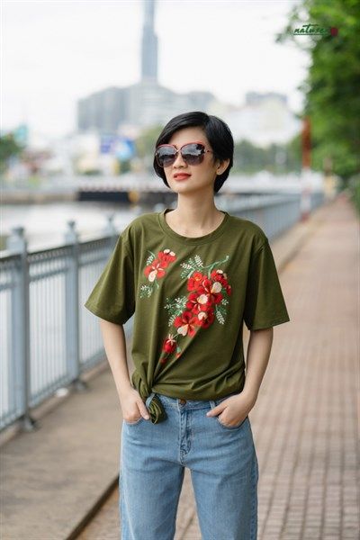 Áo thun Olive thêu tay hoa Phượng Đỏ