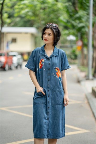 Đầm thêu tay Denim TN túi tay cá thêu Đôi Sả
