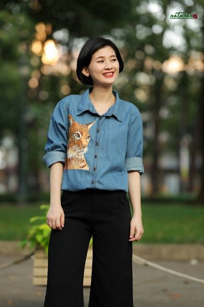 Áo chemsie denim TD thêu Mèo Lynx