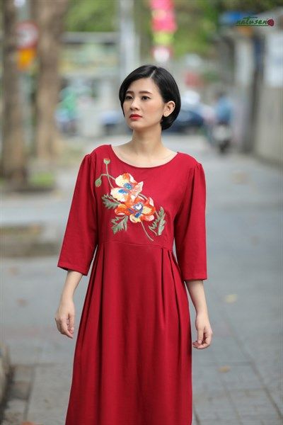 Đầm midi vitage Đỏ Cam thêu tay Poppy