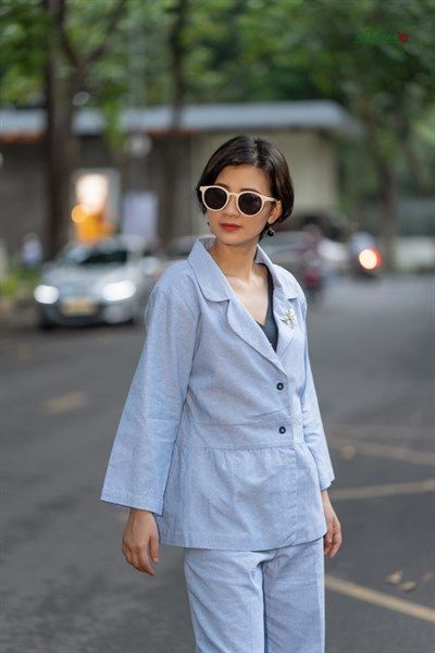  Blazer cổ B nhúng eo Xanh Biển linen yard-dyed 