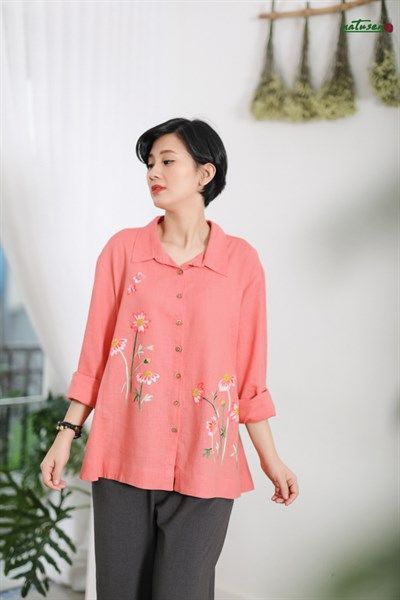  Áo linen thêu tay Sao Nhái chemise Cam San Hô 