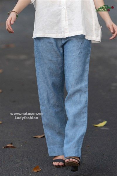 Quần linen ống đứng suông màu Faded Denim