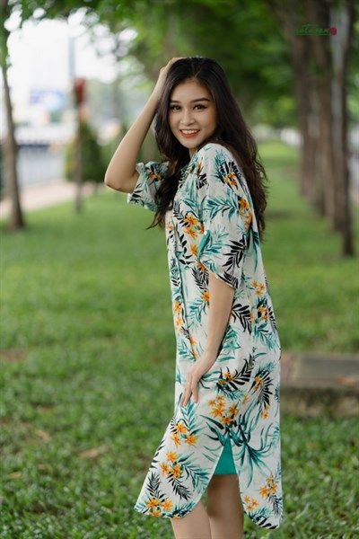  Đầm chemise linen in hoa phối xanh 