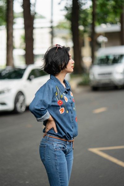 Áo chemise denim TD thêu Poppy baby