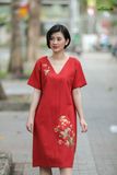  Đầm Linen thêu tay Hoa Cúc Đại cam gạch 