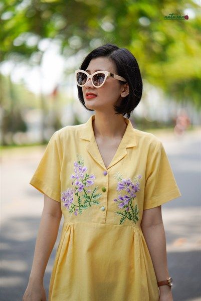 Đầm thêu thủ công phượng tím vest vintage Vàng Mơ 