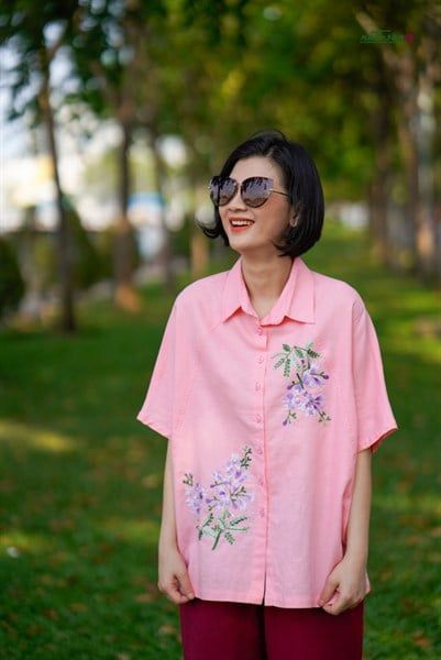  Áo thêu thủ công Phượng Tím chemise hồng phấn 