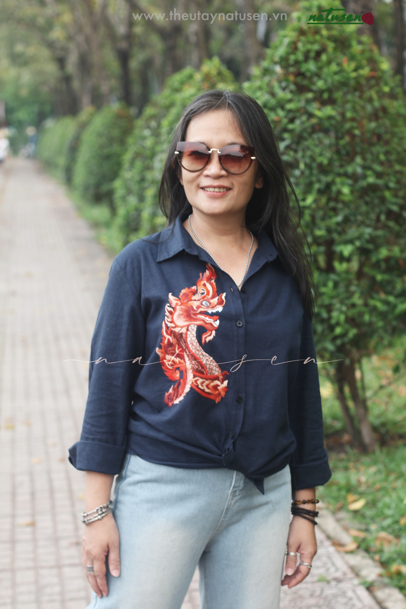  Áo chemise Xanh Đen thêu tay Rồng Naga 