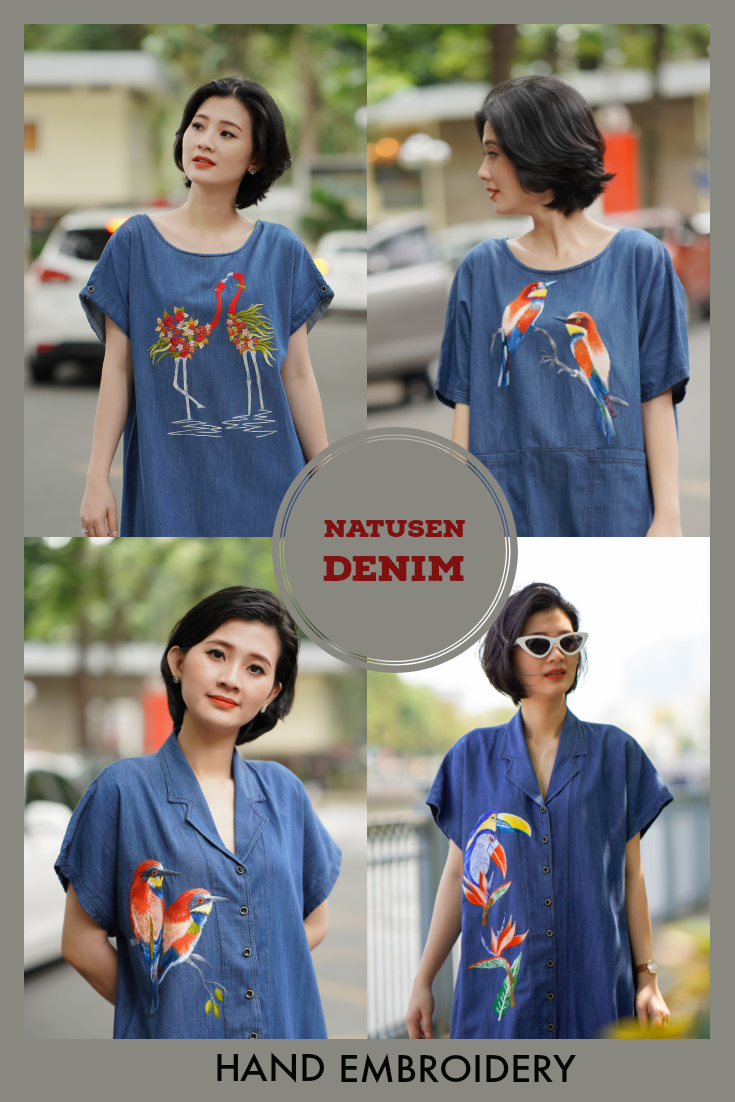 Đầm denim thêu tay Hồng hạc
