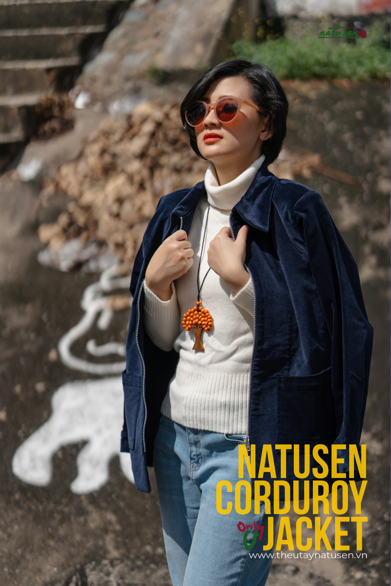 Áo Corduroy Jacket Xanh Dương Zipper không thêu