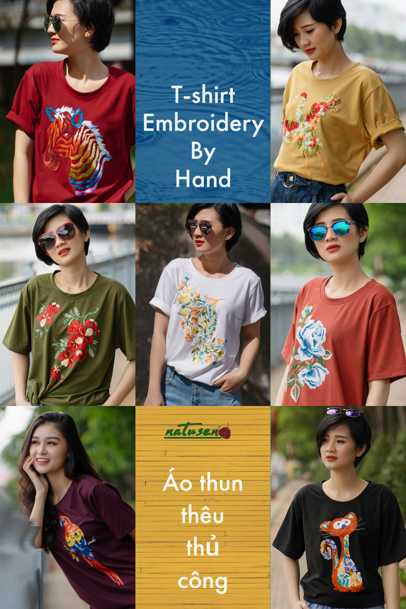 Áo thun T-shirt Vintage Brick thêu thủ công Hồng Nụ