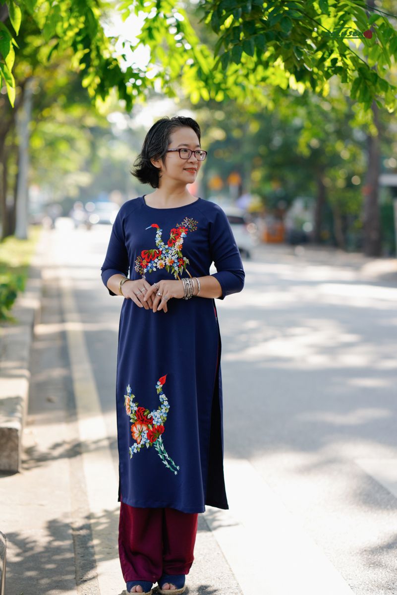 Áo dài Đôi Hạc Đoàn Viên thêu thủ công