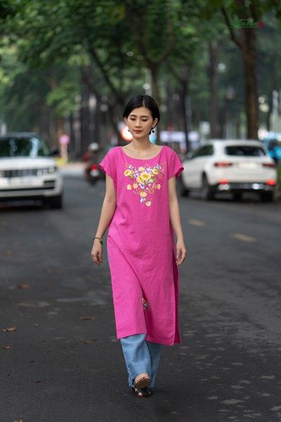 Tunic cổ thuyền Hồng Sen thêu Alice Posy