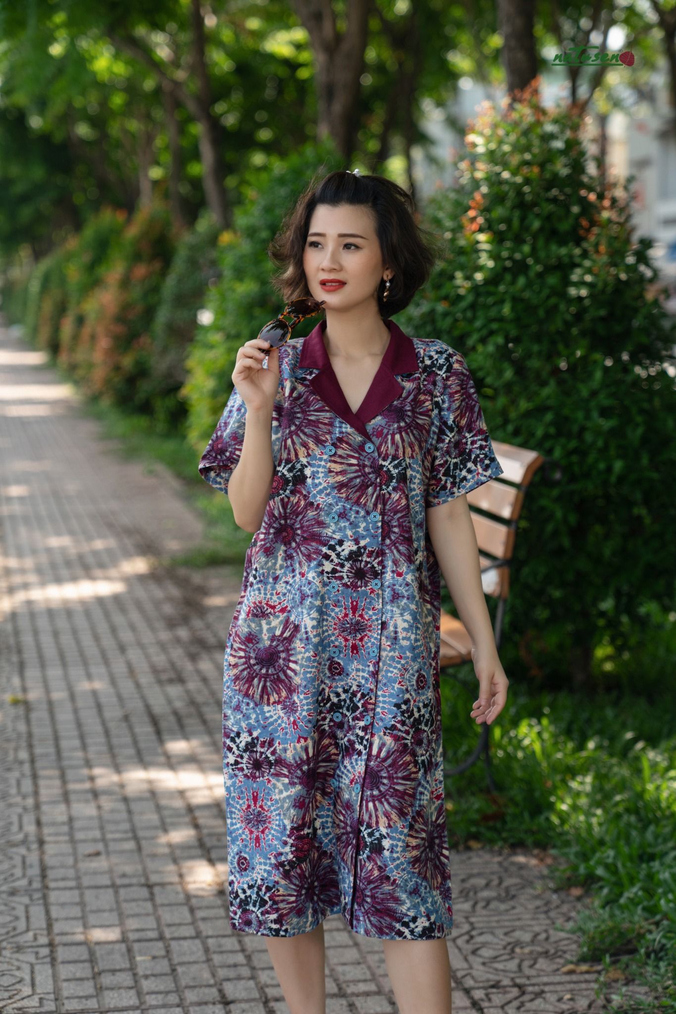 Đầm vest safari Tie Dyed linen in phối đỏ rượu