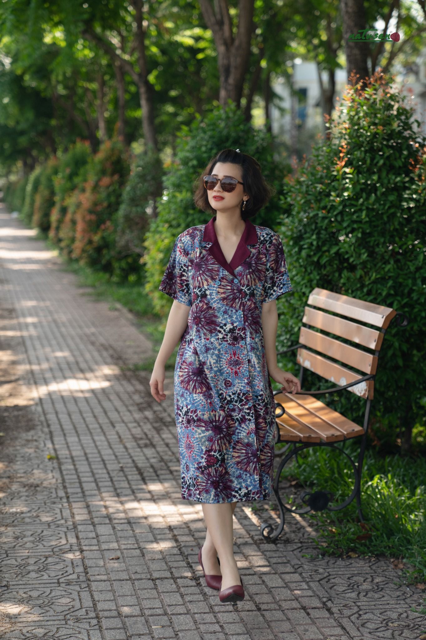 Đầm vest safari Tie Dyed linen in phối đỏ rượu