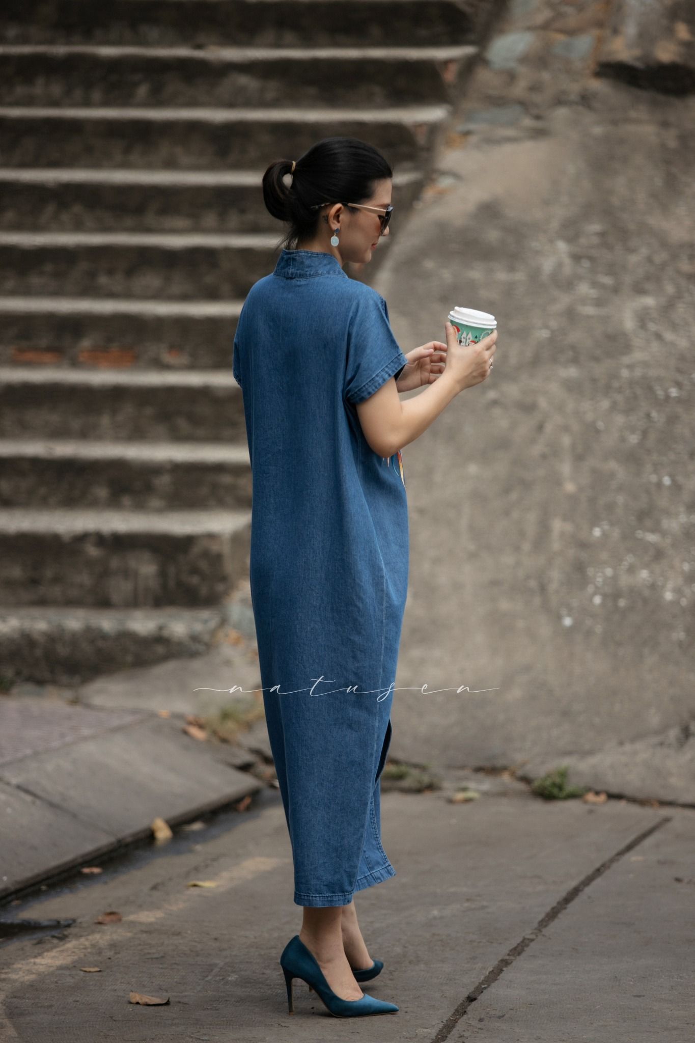 Đầm Kimono Yuna Classic Denim thêu tay Song Ngư