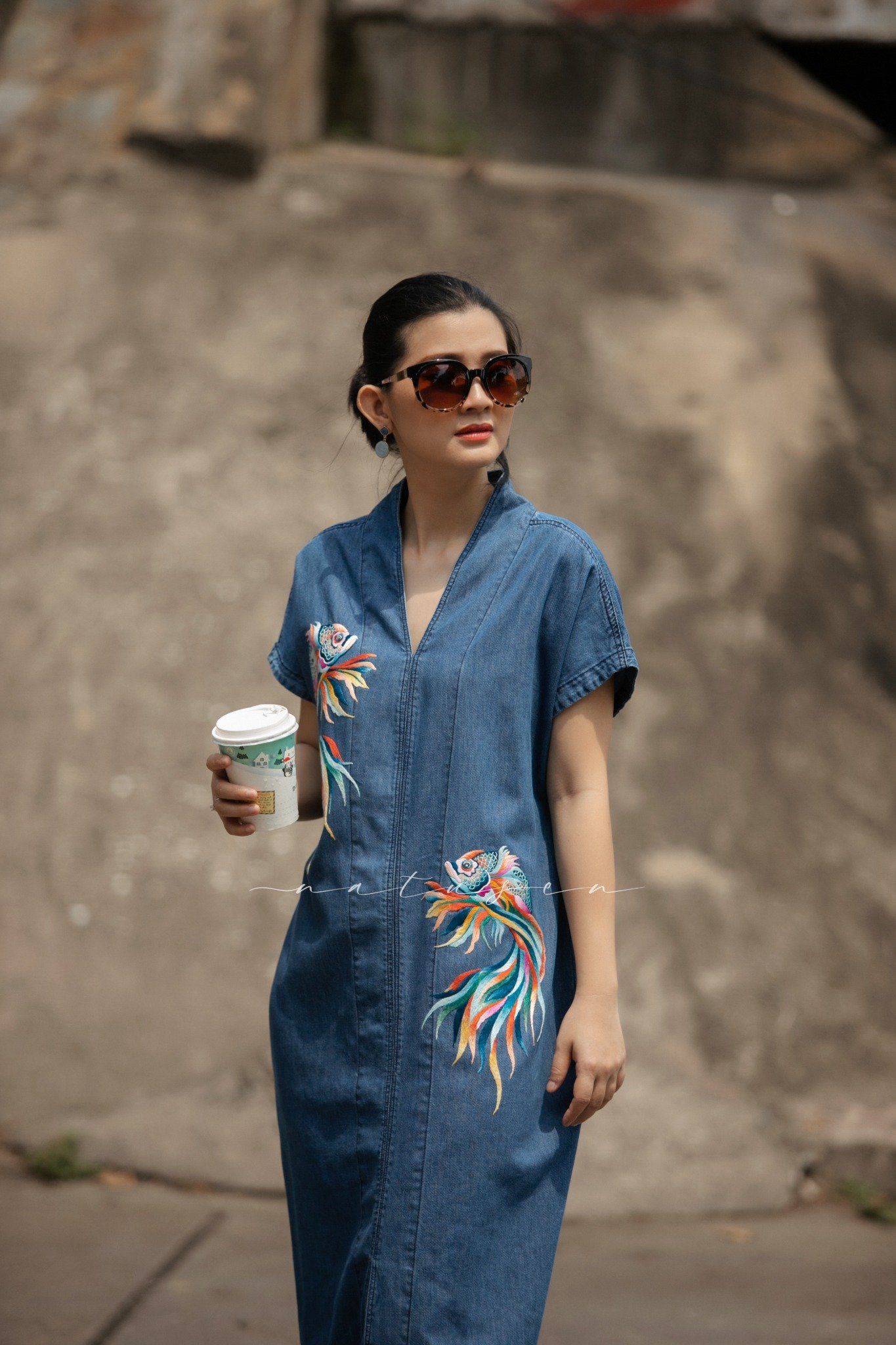 Đầm Kimono Yuna Classic Denim thêu tay Song Ngư