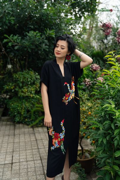  Đầm Yuna Đen hêu tay Đôi Hạc Đoàn Viên Kimono 